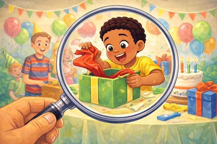 A magnifying glass zooming in on one small moment, like a child opening a gift at a party